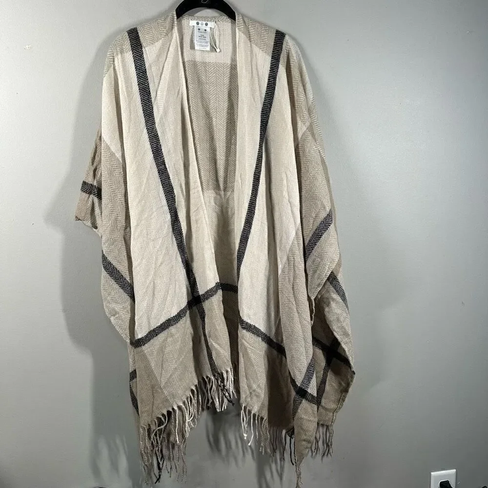 Three Dots tan beige window pane fringe trim wrap shawl blacker scarf